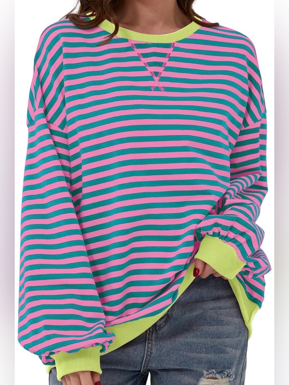 Striped Pink & green Sweatshirt with Lime Trim
